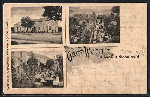AK Webritz, Gasthaus Kuntzes Etablissement mit Besuchern