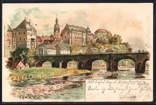 Künstler-AK Arnsberg / Ruhr, schöner Blick vom Wasser auf den Ort