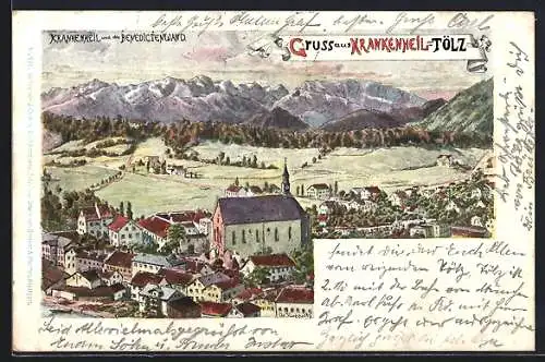 Künstler-AK Krankenheil-Tölz, Ortsansicht mit Benedictenwand