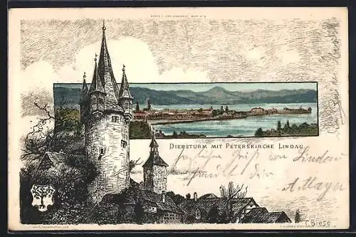Künstler-AK C.Biese: Lindau, Diebsturm mit der Peterskirche, Gesamtansicht mit Bodensee