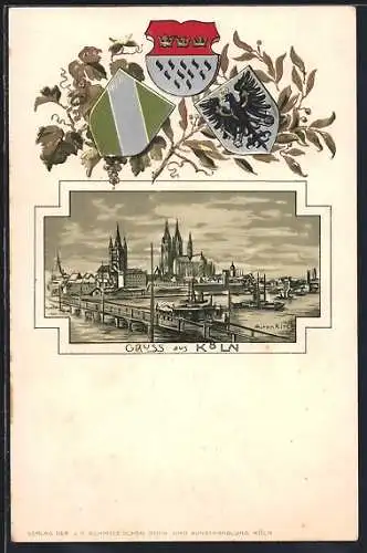 Passepartout-Lithographie Köln, Alten Kirch und Rahmen mit Wappen