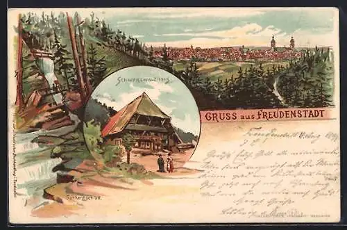 Lithographie Freudenstadt, Badisches Bauernhaus, Totalansicht, Wasserfall