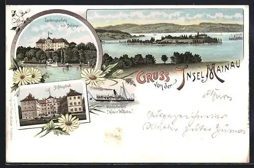 Lithographie Insel Mainau, Totalansicht, Schlosshof, Landungsplatz mit Schloss