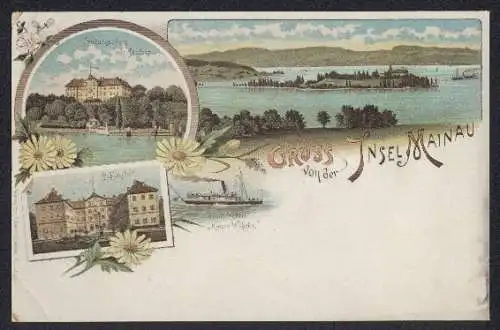 Lithographie Insel Mainau, Landungsplatz mit Schloss, Dampfschiff Kaiser Wilhelm, Schlosshof, Inselansicht