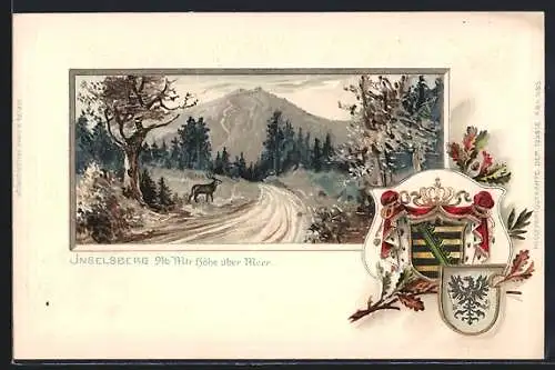 Passepartout-Lithographie Brotterode, Blick zum Inselsberg, Wappen, Hirsch