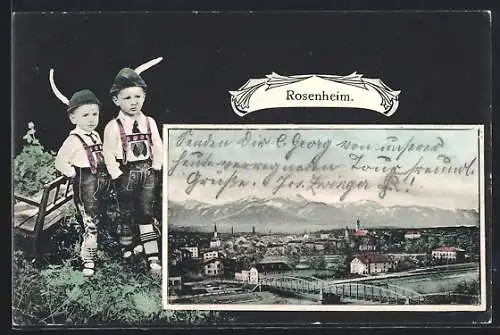 AK Rosenheim / Bayern, Totalansicht gegen die Berge, zwei Knaben in Tracht im Passepartout