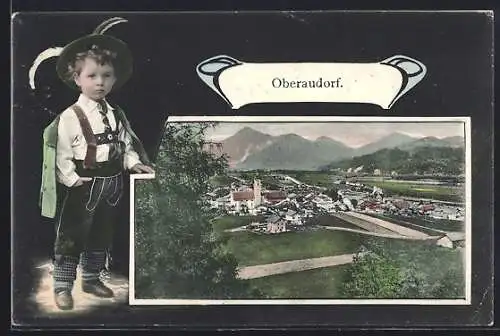AK Oberaudorf, Totalansicht gegen die Berge, Knabe in Tracht im Passepartout