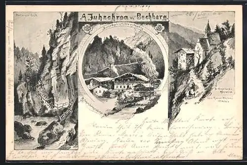 Lithographie Buchberg, Buchberger-Leite, Buchberger-Mühle und Anstieg, Anstieg, St. Evagmus-Kapelle