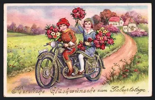 AK Zwei junge Damen mit Rosensträussen fahren mit dem Motorrad über Land, Geburtstagsgruss
