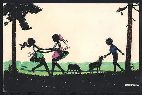 Künstler-AK Manni Grosze: Tanzende Dirdlmädchen und Knabe mit Lämmern, Schattenbild