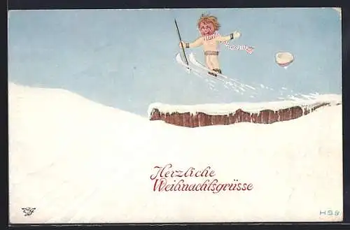 Künstler-AK H.S.B.: Frisch gewagt ist halb gewonnen, Lustiger kleiner Skispringer