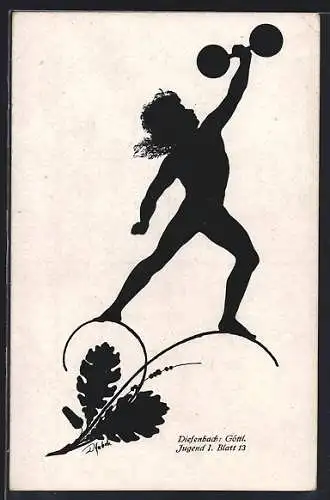 Künstler-AK Diefenbach: Silhouette eines Knaben mit einer Hantel, Göttliche Jugend I, Blatt 13