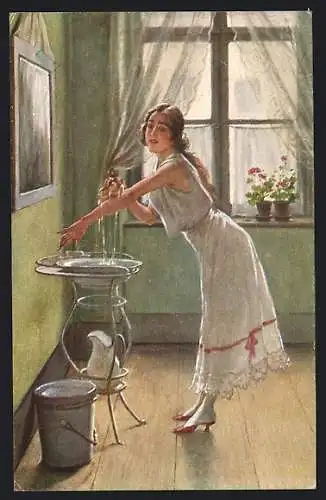 Künstler-AK Carl Zewy: Junge Frau bei der Morgentoilette