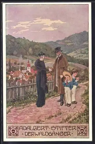 Künstler-AK Ernst Kutzer: Adalbert Stifter, der Waldgänger, Familie geht Spazieren