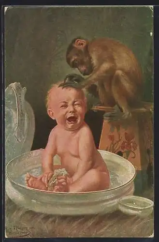 Künstler-AK Arno von Riesen: Unerbetener Liebesdienst, Affe entlaust badenden Jungen