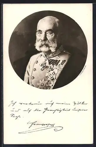 AK Kaiser Franz Josef I. von Österreich präsentiert seine Orden, Spruch