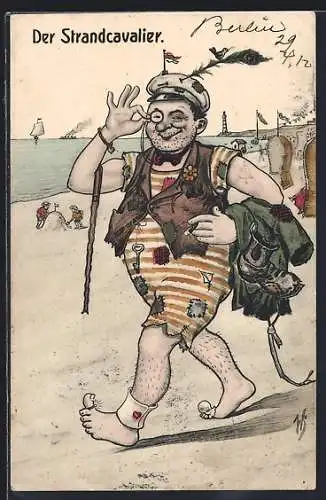 Künstler-AK Willi Scheuermann: Der Strandcavalier, zerlumpter Mann in Bademode