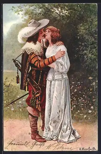 Künstler-AK Oskar Herrfurth: Trompeter küsst eine junge Frau
