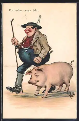 Künstler-AK Willi Scheuermann: Bauer mit Schwein