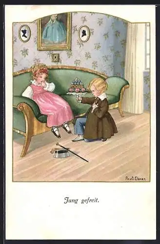 Künstler-AK Pauli Ebner: Junge schenkt einem Mädchen kniend Blumen