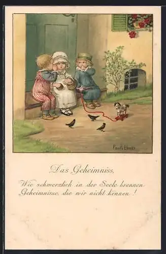Künstler-AK Pauli Ebner: Kinder sitzen auf der Türschwelle und tauschen Geheimnisse aus