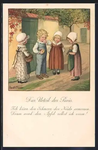 Künstler-AK Pauli Ebner: Das Urteil des Paris, Kind beschliesst einen Apfel zu essen