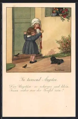 Künstler-AK Pauli Ebner: kleine Mädchen ängstigen sich vor einem Hund