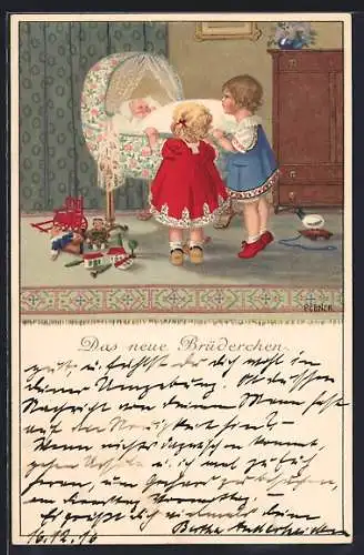 Künstler-AK Pauli Ebner: Das neue Brüderchen in der Wiege wird betrachtet