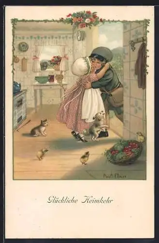 Künstler-AK Pauli Ebner: Knabe küsst das Mädchen, glückliche Heimkehr, Küken und Katze in der Küche
