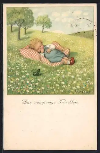 Künstler-AK Pauli Ebner: Das neugierige Fröschlein, Kleinkind mit Frosch
