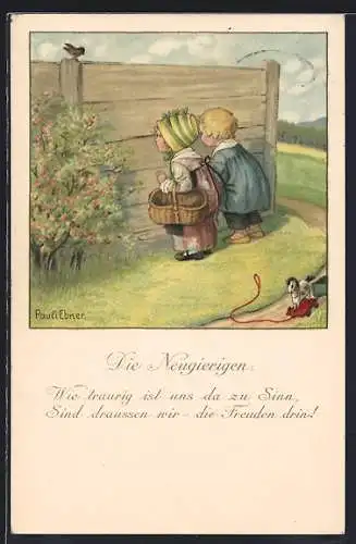 Künstler-AK Pauli Ebner: Zwei Mädchen schauen neugierig durch einen Spalt im Zaun