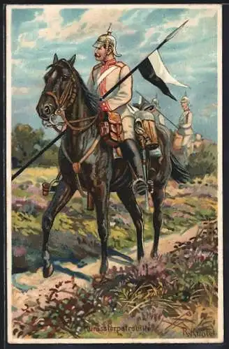 Künstler-AK Richard Knoetel: Kürassierpatrouille, Soldat in Uniform mit Fahne zu Pferde