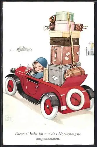 Künstler-AK John Wills: Frau mit Gepäck im Auto