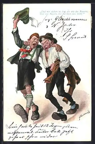 Künstler-AK Fritz Quidenus: Zwei betrunkene Bayern halten treu zusammen