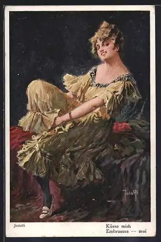 Künstler-AK Adolf (Jodolfi): Küsse mich Frau mit verführerischem Lächeln auf dem Bett