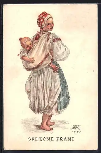 Künstler-AK M. Fischerova-Kvechova (MFK): Mutter trägt ihr Baby auf dem Rücken
