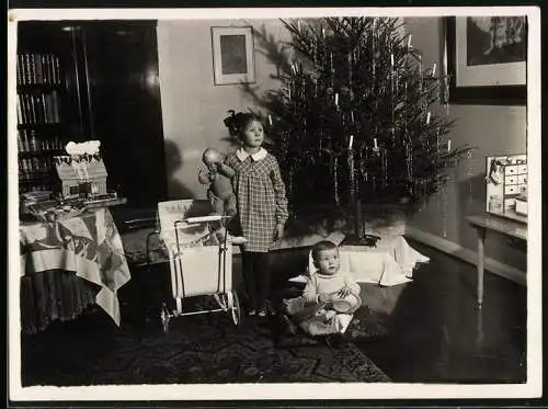 Fotografie unbekannter Fotograf und Ort, Kinder zu Weihnachten mit Teddybär, Puppe im Puppenwagen und Weihnachtsbaum