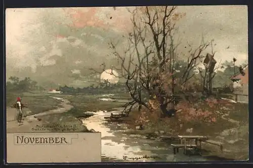 Künstler-AK T.Guggenberger: Allegorie, November, Frau sammelt Holz für den Winter