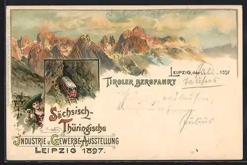 Lithographie Leipzig, Sächsisch-Thüringische Industrie-Gewerbe-Ausstellung 1897, Tiroler Bergbahn, Alpenpanorama