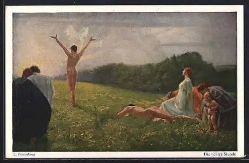 Künstler-AK Ludwig Fahrenkrog: Die heilige Stunde, Männer präsentieren sich nackt der Sonne