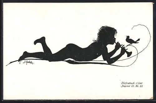Künstler-AK Diefenbach: Göttl. Jugend II. Bl. 22, Kind spielt Flöte, Schattenbild