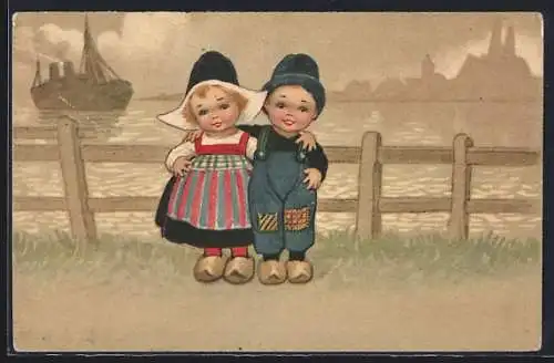 Künstler-AK E. Colombo: Kleines holländisches Paar am Meer