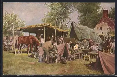 Künstler-AK Lager einer Munitionskolonne, Soldat rasiert Kameraden