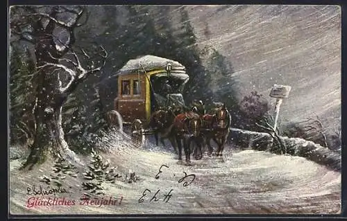 Künstler-AK Glückliches Neujahr!, Postkutsche im Schneestrurm
