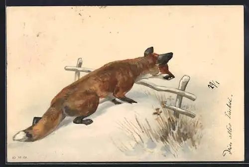 Lithographie Fuchs auf winterlicher Pirsch