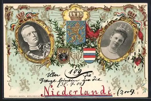 Lithographie Königin Wilhelmina von den Niederlanden und ihr Gemahl, Wappen, Krone