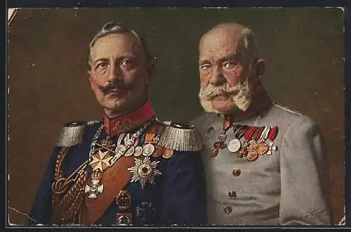 Künstler-AK Kaiser Franz Josef I. von Österreich und Kaiser Wilhelm II. in Uniformen