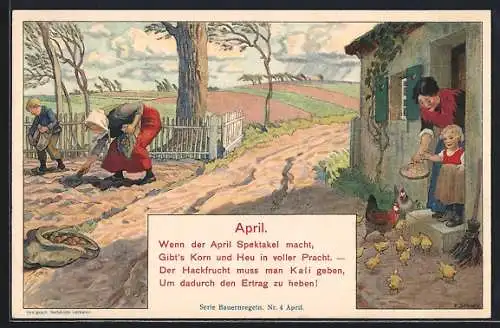 AK Reklame, Allegorie April, Wenn der April Spektakel macht... der Hackfrucht muss man Kali geben