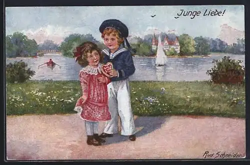 Künstler-AK Rudolf Schneider: Junge Liebe, Junge im Matrosenanzug mit Mädchen