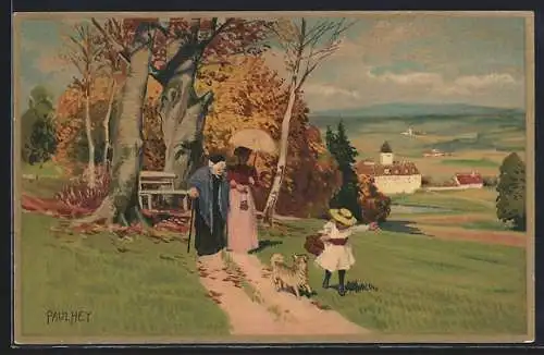 Künstler-Lithographie Paul Hey: Mutter und Grossmutter spazieren mit der Tochter im Herbst